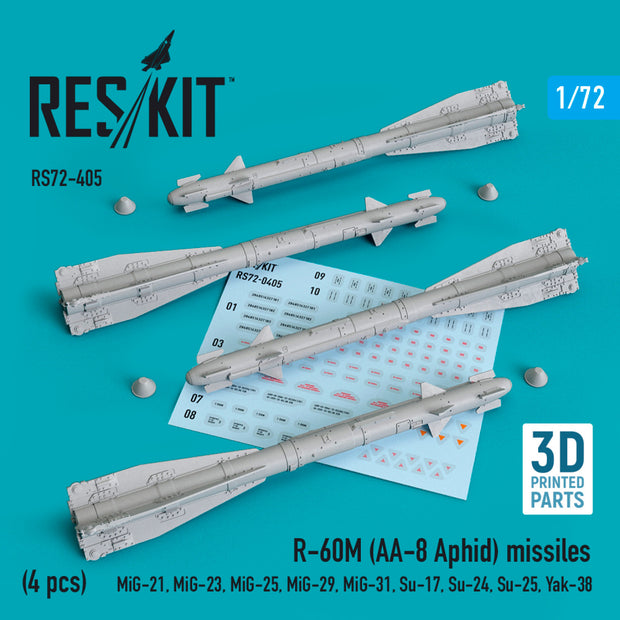 R-60М (AA-8 Aphid) Missiles (4 pcs) (MiG-21, MiG-23, MiG-25, MiG-29, MiG-31, Su-17, Su-24, Su-25, Yak-38) (3D printing) Scale 1:72 ResKit RS72-0405 for Aircraft Model Kit