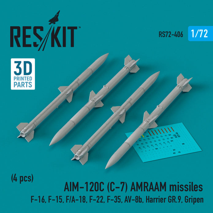 AIM-120C (C-7) AMRAAM Missiles (4 pcs) (F-16, F-15, F/A-18, F-22, F-35, AV-8b, Harrier GR,9, Gripen) (3D Printed) Scale 1:72 ResKit RS72-0406 for Aircraft Model Kit