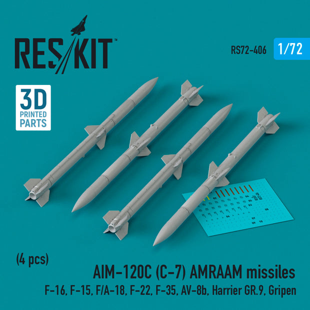 AIM-120C (C-7) AMRAAM Missiles (4 pcs) (F-16, F-15, F/A-18, F-22, F-35, AV-8b, Harrier GR,9, Gripen) (3D Printed) Scale 1:72 ResKit RS72-0406 for Aircraft Model Kit