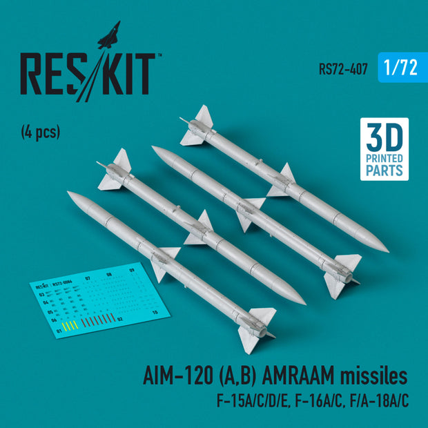 AIM-120 (A,B) AMRAAM Missiles (4 pcs) (F-15A/C/D/E, F-16A/C, F/A-18A/C) (3D Printed) Scale 1:72 ResKit RS72-0407 for Aircraft Model Kit