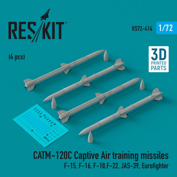 CATM-120C Captive Air training Missiles (4 pcs) (F-15, F-16, F-18,F-22, JAS-39, Eurofighter) (3D Printed) Scale 1:72 ResKit RS72-0414 for Aircraft Model Kit