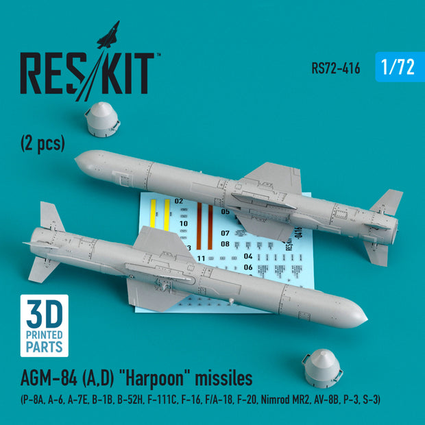 AGM-84 (A,D) Harpoon Missiles (2 pcs) (P-8A, A-6, A-7E, B-1B, B-52H, F-111C, F-16, F/A-18, F-20, Nimrod MR2, AV-8B, P-3, S-3) (3D Printing) Scale 1:72 ResKit RS72-0416 for Aircraft Model Kit