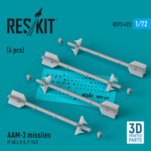 AAM-3 Missiles (4 pcs) (F-4EJ, F-2, F-15J) (3D Printed) Scale 1:72 ResKit RS72-0423 for Aircraft Model Kit