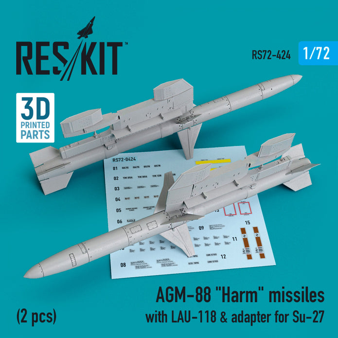 AGM-88 Harm Missiles with LAU-118 & adapter for Sukhoi Su-27 (2 pcs) Scale 1:72 ResKit RS72-0424