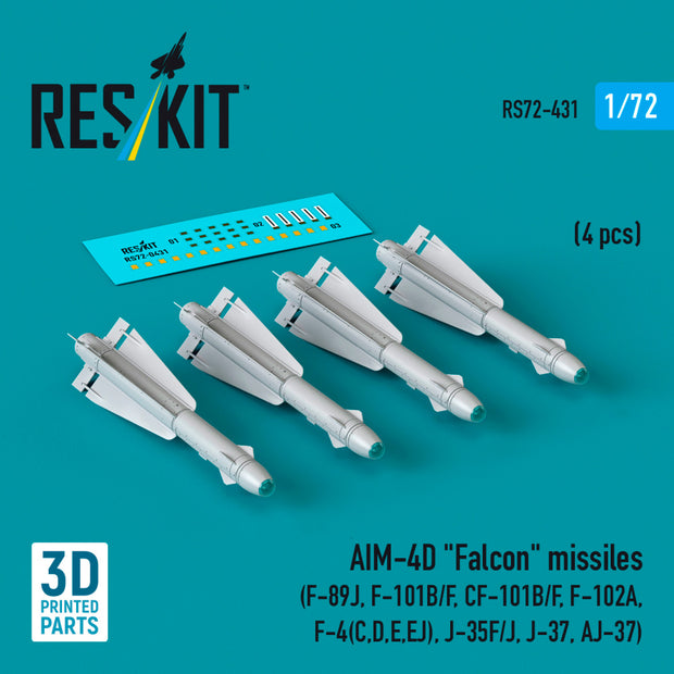 AIM-4D Falcon Missiles (4 pcs) (F-89J, F-101B/F, CF-101B/F, F-102A, F-4(C,D,E,EJ), J-35F/J, J-37, AJ-37) (3D Printed) Scale 1:72 ResKit RS72-0431 for Aircraft Model Kit
