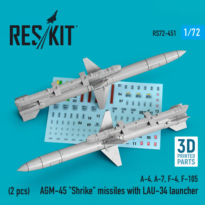 AGM-45 Shrike Missiles with LAU-34 launcher (2 pcs) (A-4, A-7, F-4, F-105) (3D Printed) Scale 1:72 ResKit RS72-0451