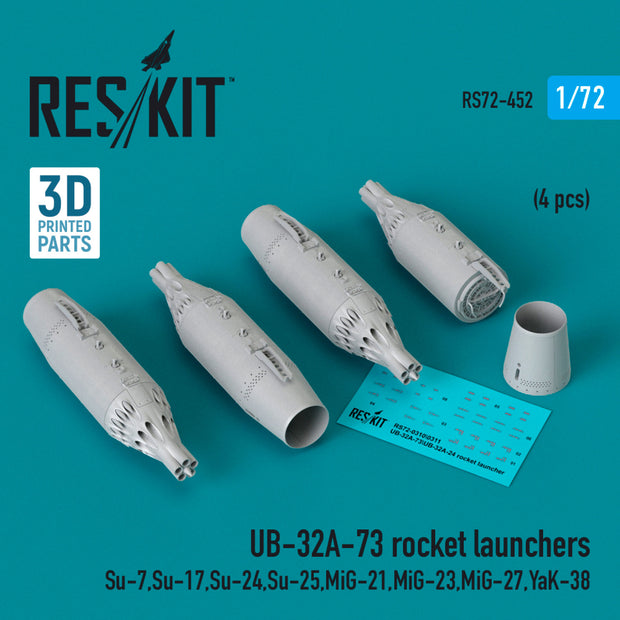 UB-32A-73 Rocket Launchers (4 pcs) (Su-7, Su-17, Su-24, Su-25, MiG-21, MiG-23, MiG-27, YaK-38) (3D Printed) Scale 1:72 ResKit RS72-0452