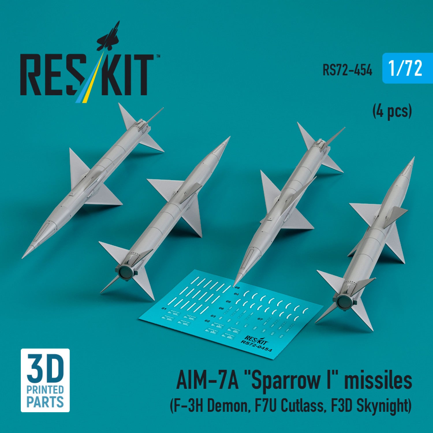 AIM-7A Sparrow I Missiles (4 pcs) (F-3H Demon, F7U Cutlass, F3D Skynight) (3D Printed) Scale 1:72 ResKit RS72-0454