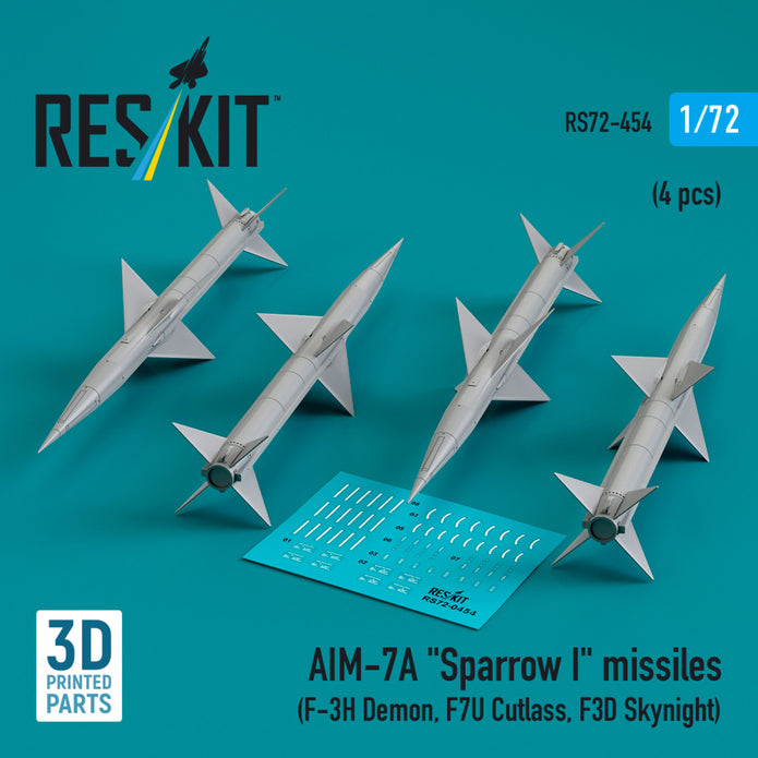 AIM-7A Sparrow I Missiles (4 pcs) (F-3H Demon, F7U Cutlass, F3D Skynight) (3D Printed) Scale 1:72 ResKit RS72-0454