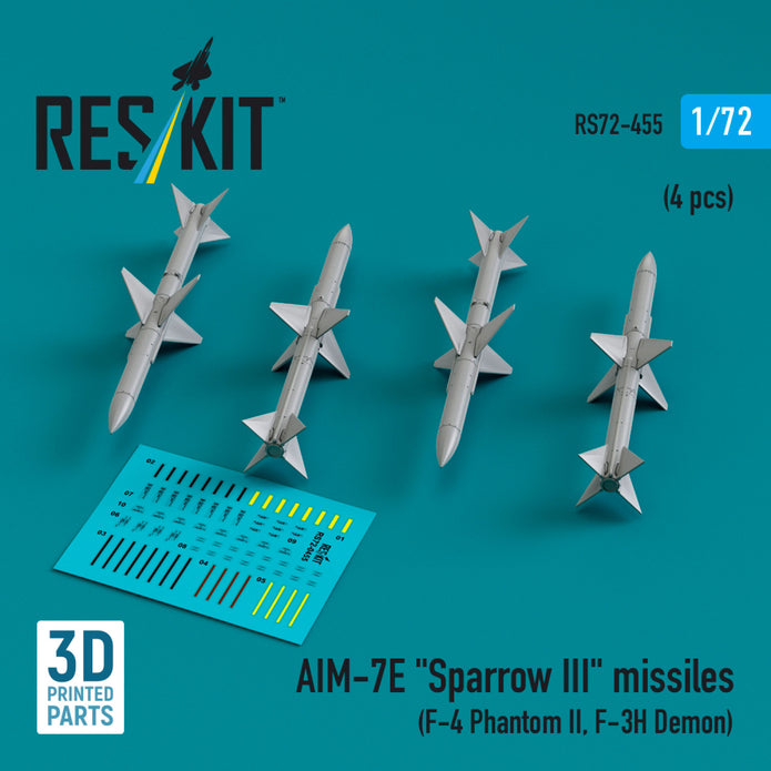 AIM-7E Sparrow III Missiles (4 pcs) (F-4 Phantom II, F-3H Demon) (3D Printed) Scale 1:72 ResKit RS72-0455