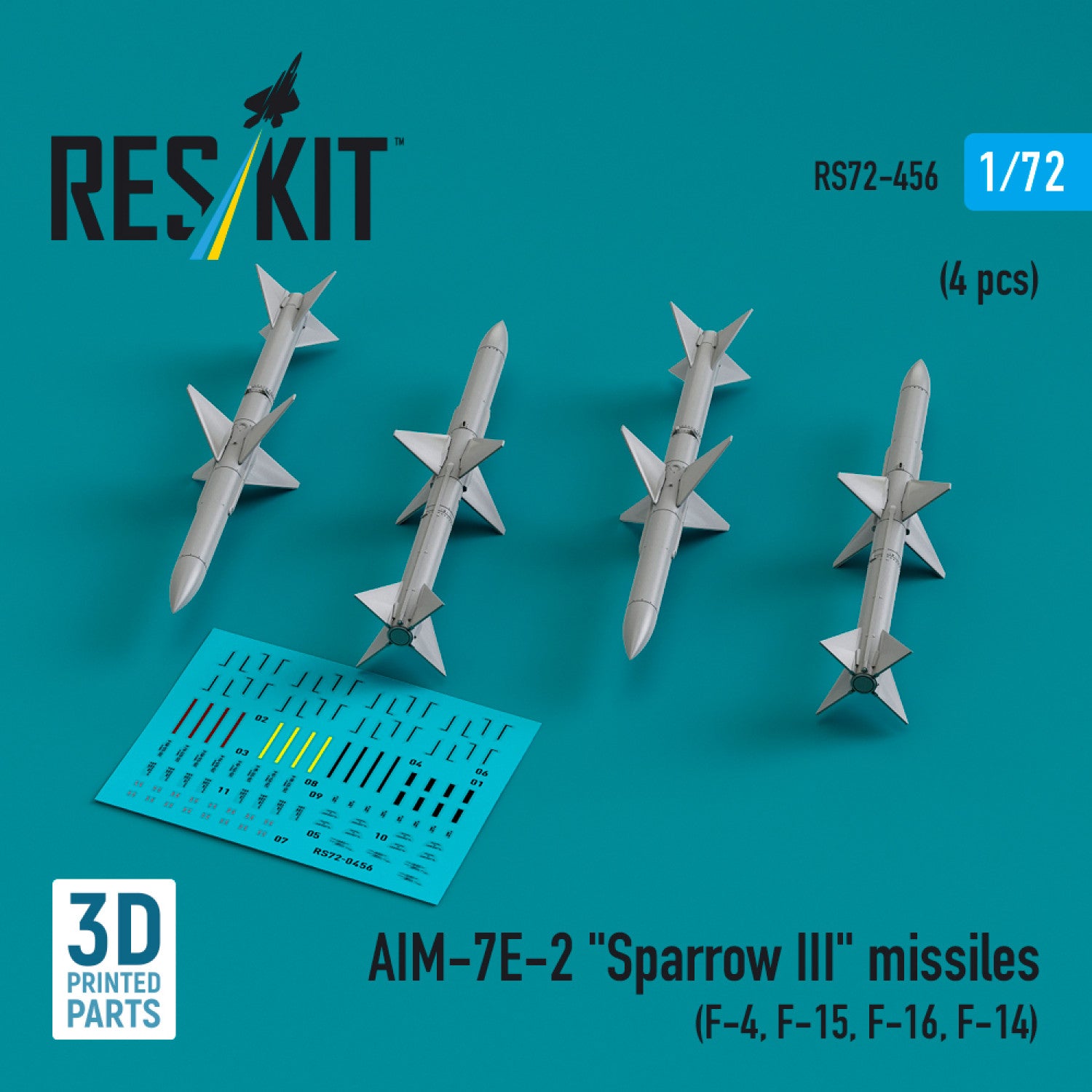 AIM-7E-2 Sparrow III Missiles (4 pcs) (F-4, F-15, F-16, F-14) (3D Printed) Scale 1:72 ResKit RS72-0456