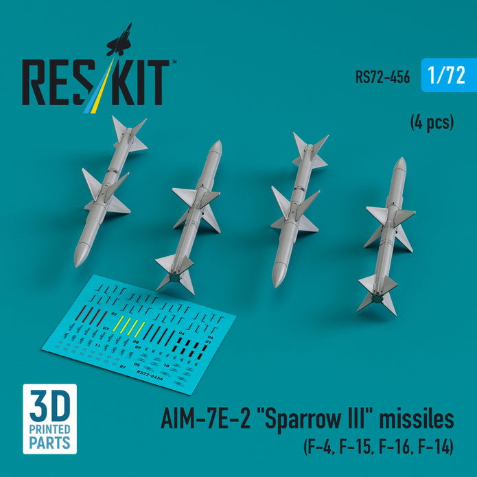 AIM-7E-2 Sparrow III Missiles (4 pcs) (F-4, F-15, F-16, F-14) (3D Printed) Scale 1:72 ResKit RS72-0456