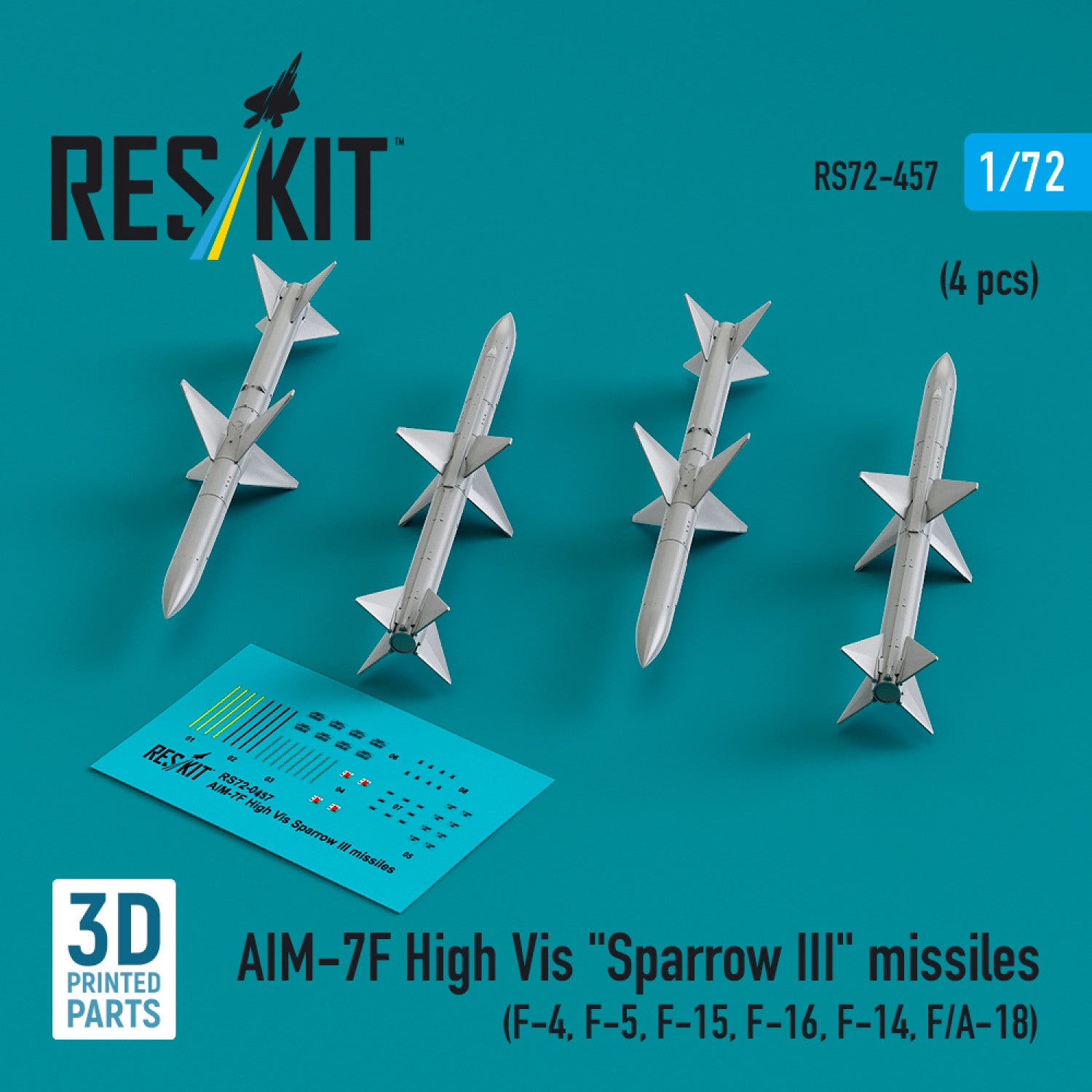 AIM-7F High Vis Sparrow III Missiles (4 pcs) (F-4, F-5, F-15, F-16, F-14, F/A-18) (3D Printed) Scale 1:72 ResKit RS72-0457