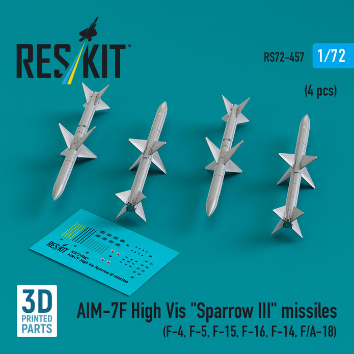 AIM-7F High Vis Sparrow III Missiles (4 pcs) (F-4, F-5, F-15, F-16, F-14, F/A-18) (3D Printed) Scale 1:72 ResKit RS72-0457