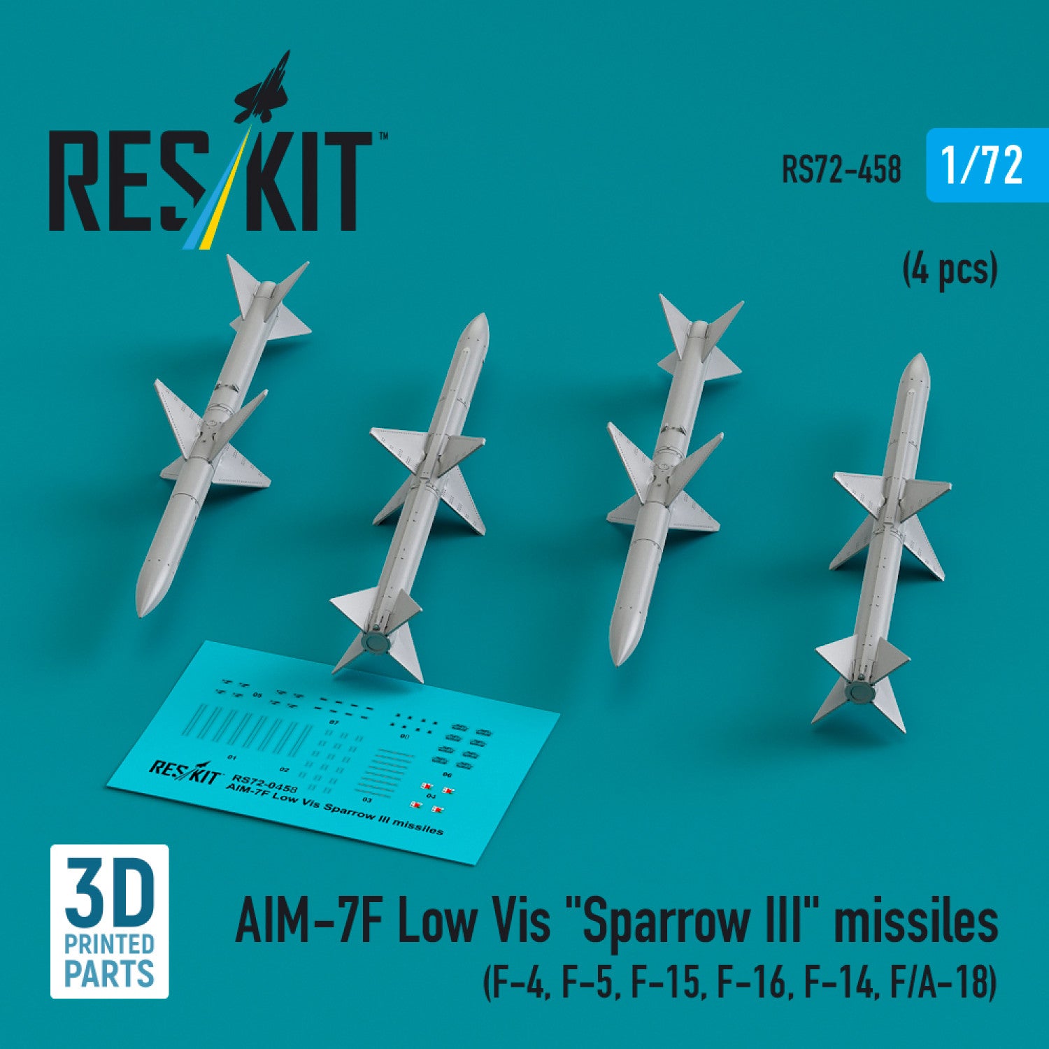 AIM-7F Low Vis Sparrow III Missiles (4 pcs) (F-4, F-5, F-15, F-16, F-14, F/A-18) (3D Printed) Scale 1:72 ResKit RS72-0458