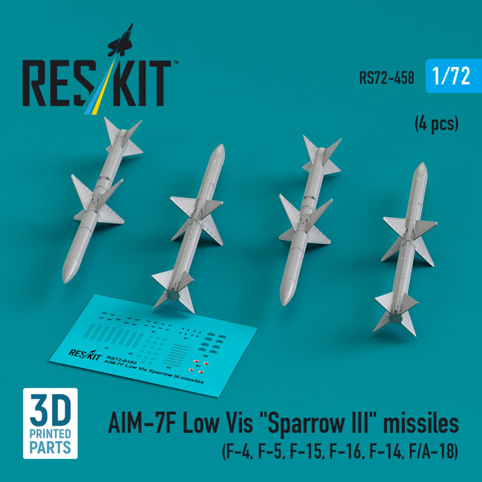 AIM-7F Low Vis Sparrow III Missiles (4 pcs) (F-4, F-5, F-15, F-16, F-14, F/A-18) (3D Printed) Scale 1:72 ResKit RS72-0458