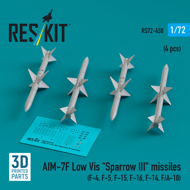AIM-7F Low Vis Sparrow III Missiles (4 pcs) (F-4, F-5, F-15, F-16, F-14, F/A-18) (3D Printed) Scale 1:72 ResKit RS72-0458