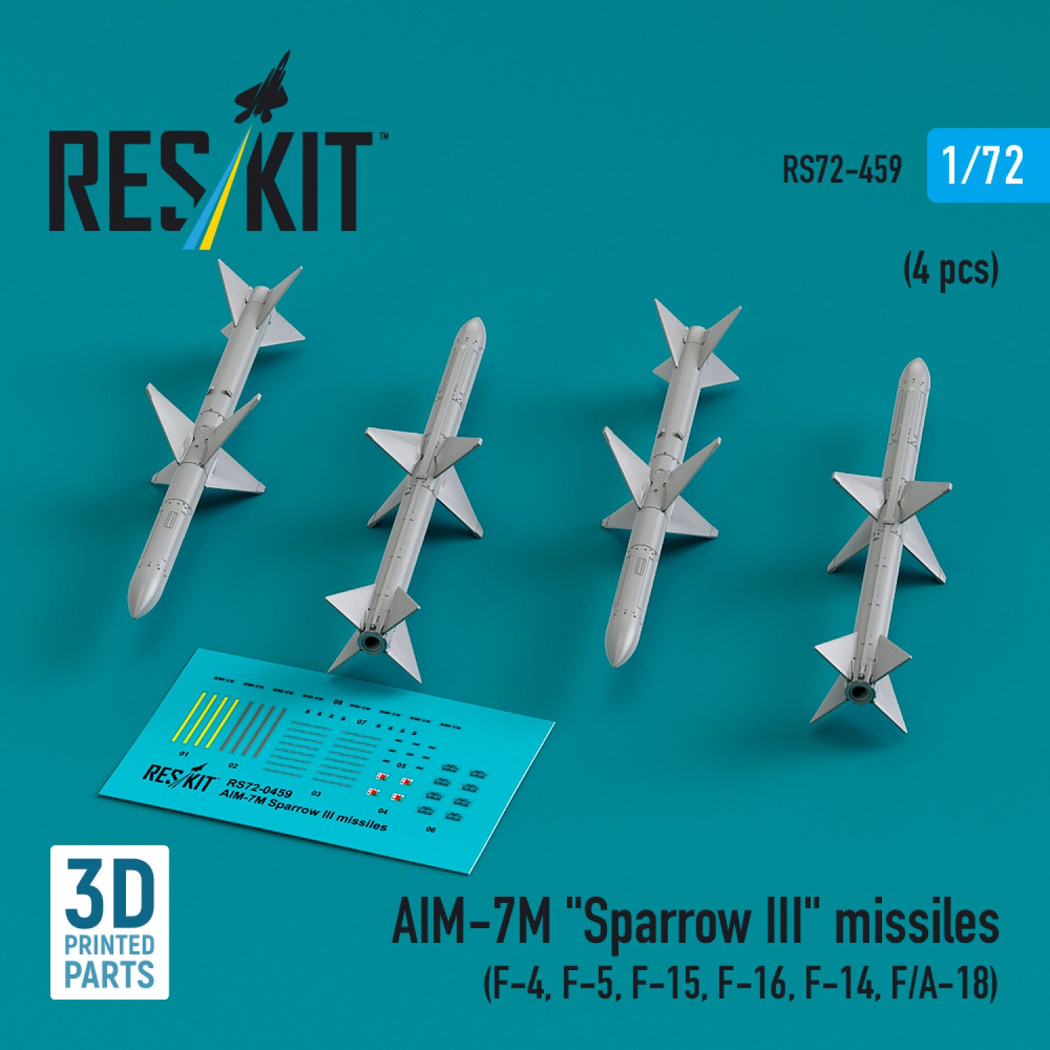 AIM-7M Sparrow III Missiles (4 pcs) (F-4, F-5, F-15, F-16, F-14, F/A-18) (3D Printed) Scale 1:72 ResKit RS72-0459