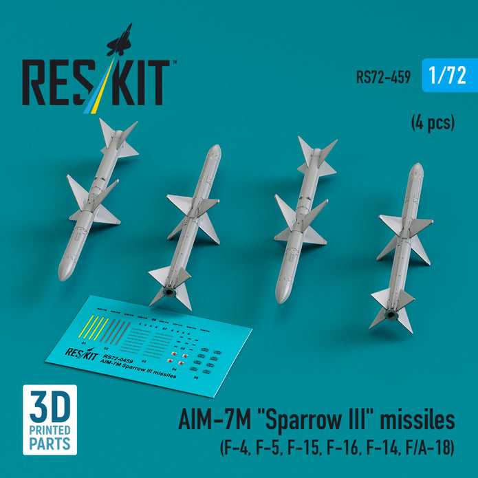 AIM-7M Sparrow III Missiles (4 pcs) (F-4, F-5, F-15, F-16, F-14, F/A-18) (3D Printed) Scale 1:72 ResKit RS72-0459