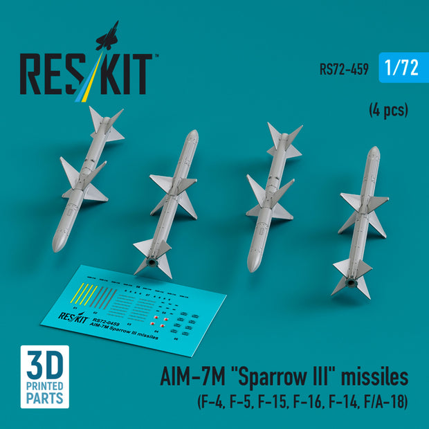 AIM-7M Sparrow III Missiles (4 pcs) (F-4, F-5, F-15, F-16, F-14, F/A-18) (3D Printed) Scale 1:72 ResKit RS72-0459