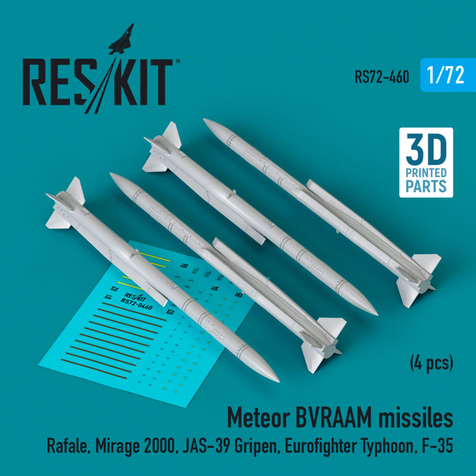 Meteor BVRAAM Missiles (4 pcs) (Rafale, Mirage 2000, JAS-39 Gripen, Eurofighter Typhoon, F-35) (3D Printed) Scale 1:72 ResKit RS72-0460