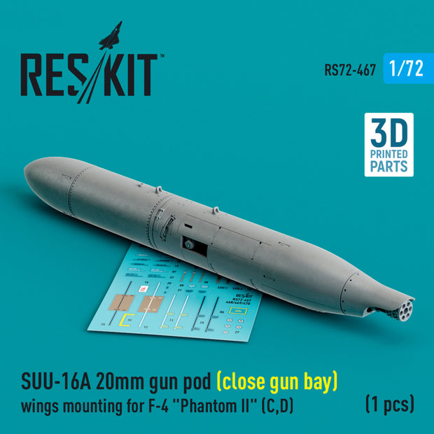 SUU-16A 20mm gun pod (close gun bay) wings mounting for McDonnell Douglas F-4 Phantom II (C,D) (1 pcs) (3D Printed) Scale 1:72 ResKit RS72-0467