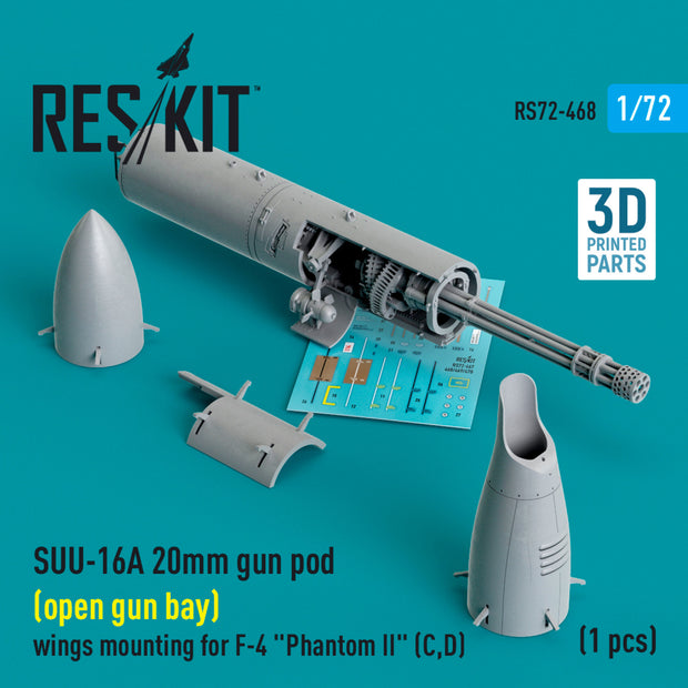 SUU-16A 20mm gun pod (open gun bay) wings mounting for McDonnell Douglas F-4 Phantom II (C,D) (1 pcs) (3D Printed) Scale 1:72 ResKit RS72-0468