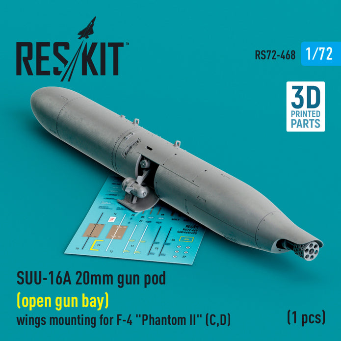 SUU-16A 20mm gun pod (open gun bay) wings mounting for McDonnell Douglas F-4 Phantom II (C,D) (1 pcs) (3D Printed) Scale 1:72 ResKit RS72-0468