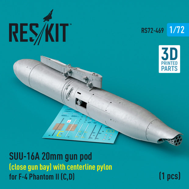 SUU-16A 20mm gun pod (close gun bay) with centerline Pylon for McDonnell Douglas F-4 Phantom II (C,D) (1 pcs) (3D Printed) Scale 1:72 ResKit RS72-0469