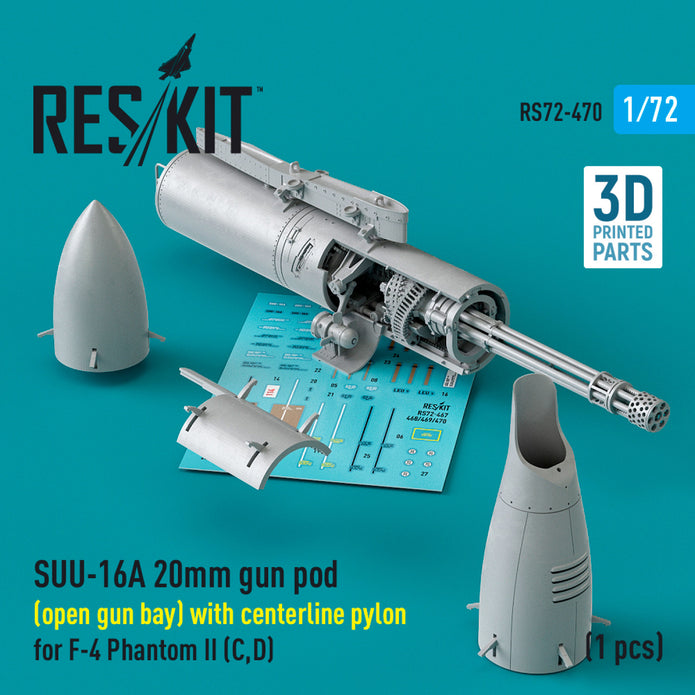 SUU-16A 20mm gun pod (open gun bay) with centerline Pylon for McDonnell Douglas F-4 Phantom II (C,D) (1 pcs) (3D Printed) Scale 1:72 ResKit RS72-0470