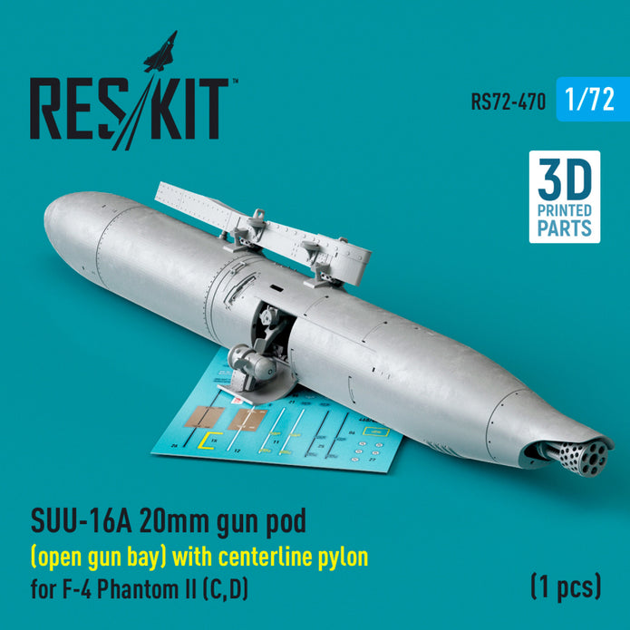 SUU-16A 20mm gun pod (open gun bay) with centerline Pylon for McDonnell Douglas F-4 Phantom II (C,D) (1 pcs) (3D Printed) Scale 1:72 ResKit RS72-0470