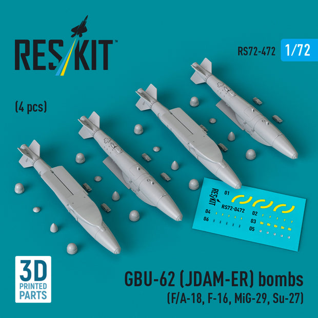GBU-62 (JDAM-ER) Bombs (4 pcs) (F/A-18, F-16, MiG-29, Su-27) (3D Printed) Scale 1:72 ResKit RS72-0472