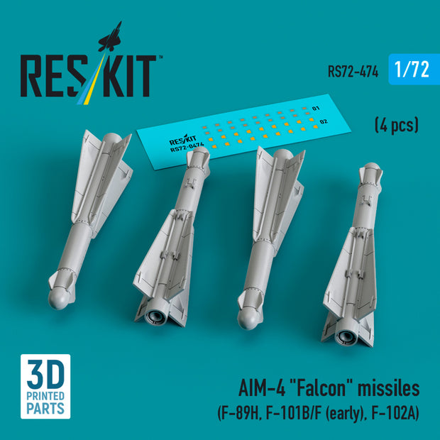 AIM-4 Falcon Missiles (4 pcs) (F-89H, F-101B/F (early), F-102A) (3D Printed) Scale 1:72 ResKit RS72-0474 for Aircraft Model Kit