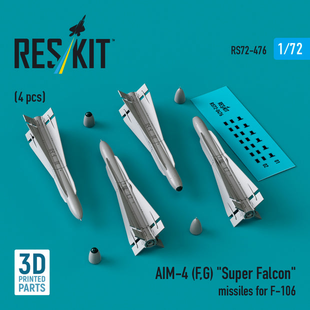 AIM-4 (F, G) Super Falcon Missiles for Convair F-106 (4 pcs) (3D Printed) Scale 1:72 ResKit RS72-0476 for Aircraft Model Kit