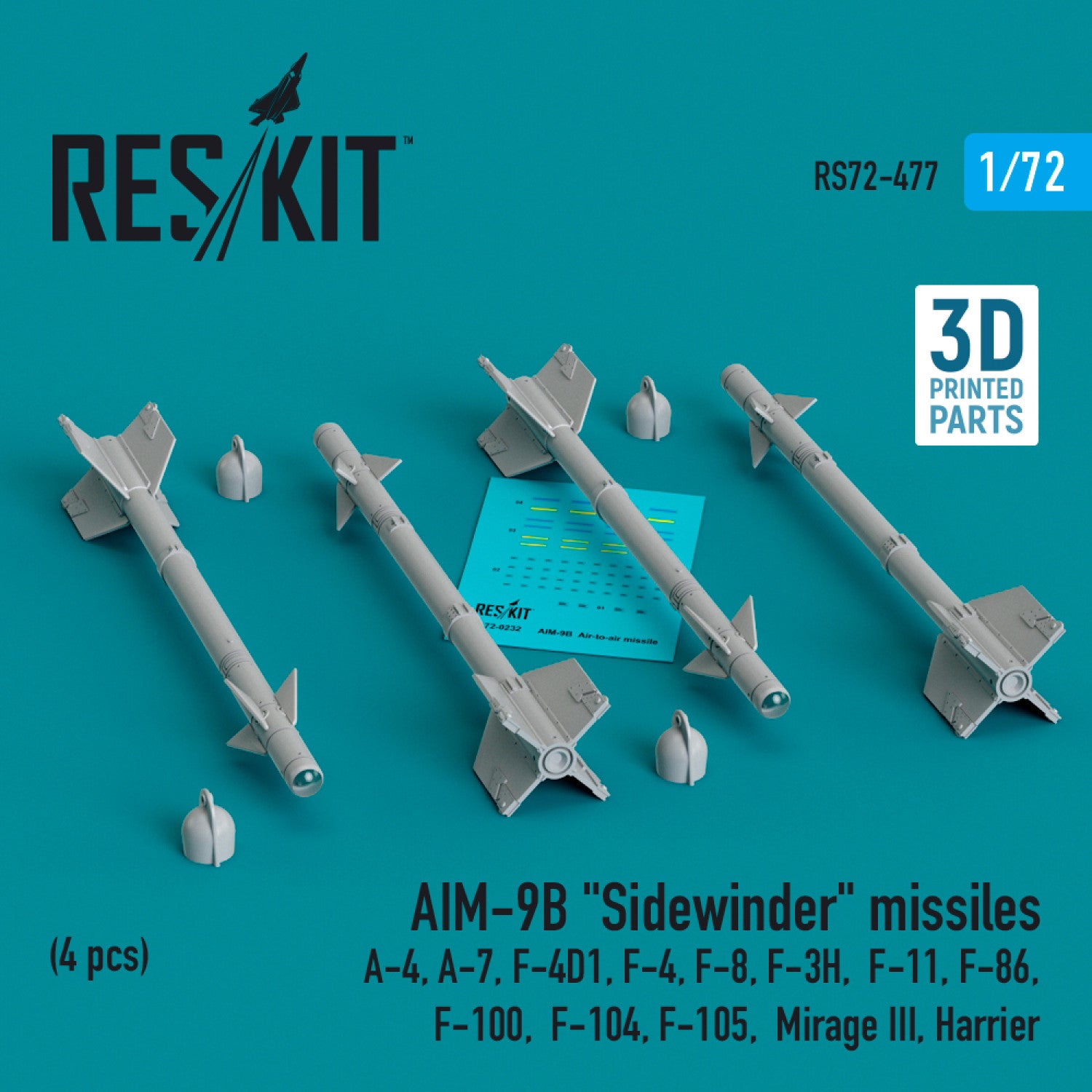 AIM-9B Sidewinder Missiles (4 pcs) (A-4, A-7, F-4D1, F-4, F-8, F-3H, F-11, F-86,F-100, F-104, F-105, Mirage III, Harrier) (3D Printed) Scale 1:72 ResKit RS72-0477