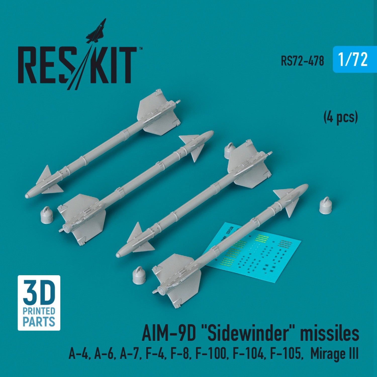 AIM-9D Sidewinder Missiles (4 pcs) (A-4, A-6, A-7, F-4, F-8, F-100, F-104, F-105, Mirage III) (3D Printed) Scale 1:72 ResKit RS72-0478