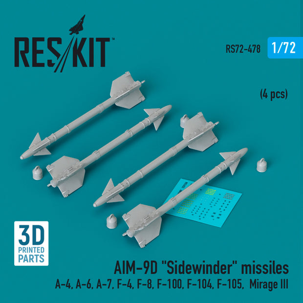 AIM-9D Sidewinder Missiles (4 pcs) (A-4, A-6, A-7, F-4, F-8, F-100, F-104, F-105, Mirage III) (3D Printed) Scale 1:72 ResKit RS72-0478