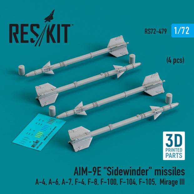 AIM-9E Sidewinder Missiles (4 pcs) (A-4, A-6, A-7, F-4, F-8, F-100, F-104, F-105, Mirage III) (3D Printed) Scale 1:72 ResKit RS72-0479
