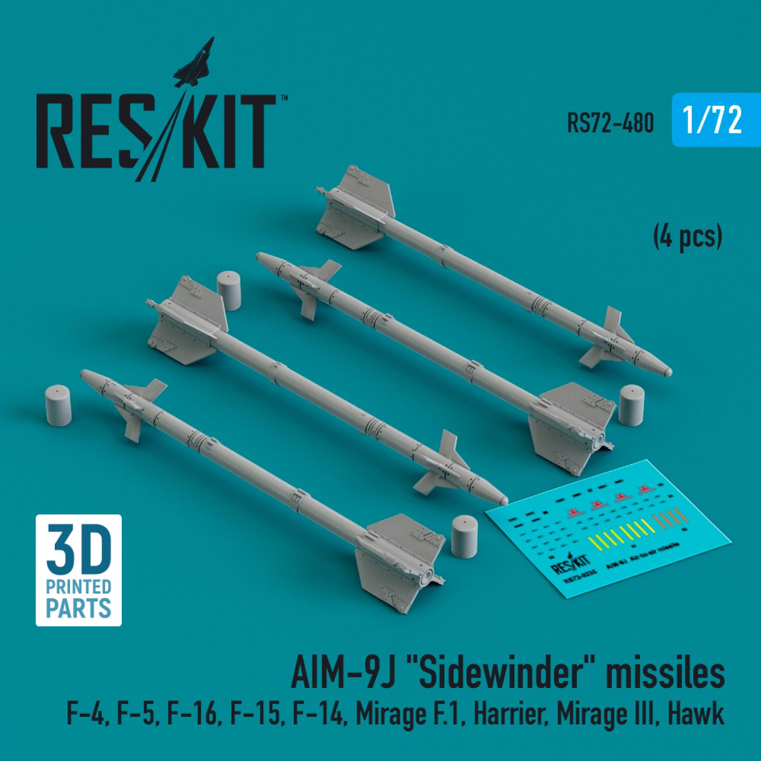 AIM-9J Sidewinder Missiles (4 pcs) (F-4, F-5, F-16, F-15, F-14, Mirage F.1, Harrier, Mirage III, Hawk) (3D Printed) Scale 1:72 ResKit RS72-0480