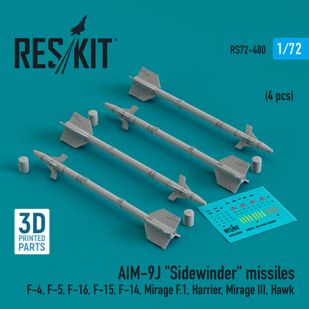AIM-9J Sidewinder Missiles (4 pcs) (F-4, F-5, F-16, F-15, F-14, Mirage F.1, Harrier, Mirage III, Hawk) (3D Printed) Scale 1:72 ResKit RS72-0480
