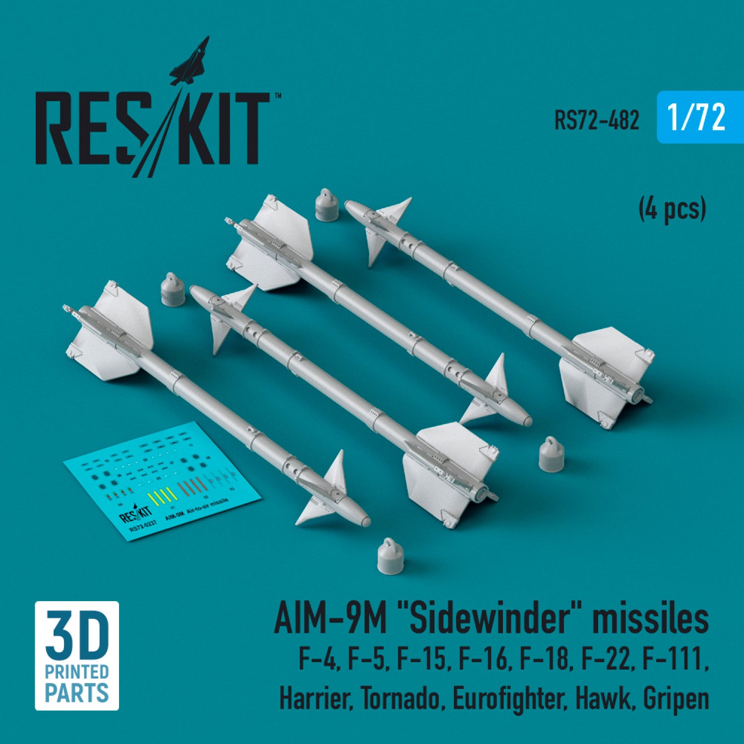 AIM-9M Sidewinder Missiles (4 pcs) (F-4, F-5, F-15, F-16, F-18, F-22, F-111, Harrier, Tornado, Eurofighter, Hawk, Gripen) (3D Printed) Scale 1:72 ResKit RS72-0482