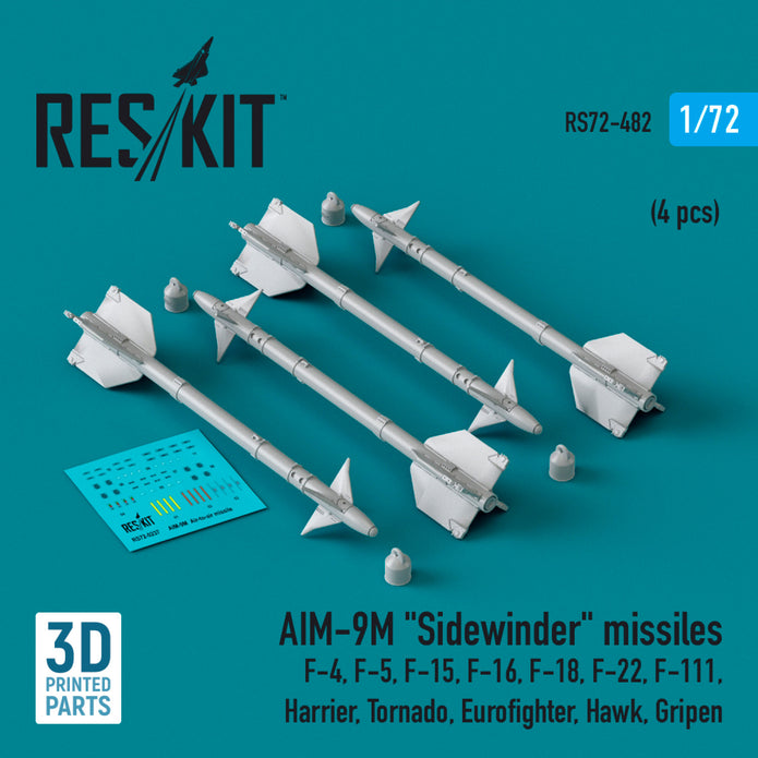 AIM-9M Sidewinder Missiles (4 pcs) (F-4, F-5, F-15, F-16, F-18, F-22, F-111, Harrier, Tornado, Eurofighter, Hawk, Gripen) (3D Printed) Scale 1:72 ResKit RS72-0482
