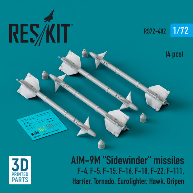 AIM-9M Sidewinder Missiles (4 pcs) (F-4, F-5, F-15, F-16, F-18, F-22, F-111, Harrier, Tornado, Eurofighter, Hawk, Gripen) (3D Printed) Scale 1:72 ResKit RS72-0482