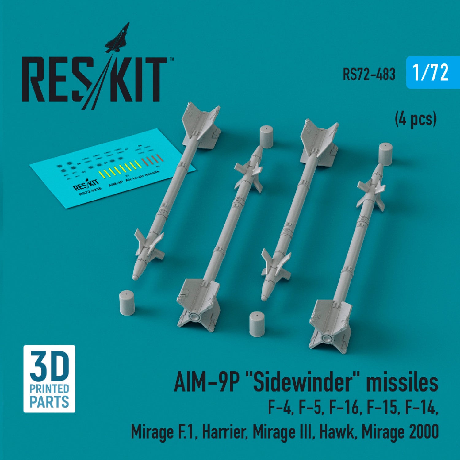 AIM-9P Sidewinder Missiles (4 pcs) (F-4, F-5, F-16, F-15, F-14, Mirage F.1, Harrier, Mirage III, Hawk, Mirage 2000) (3D Printed) Scale 1:72 ResKit RS72-0483