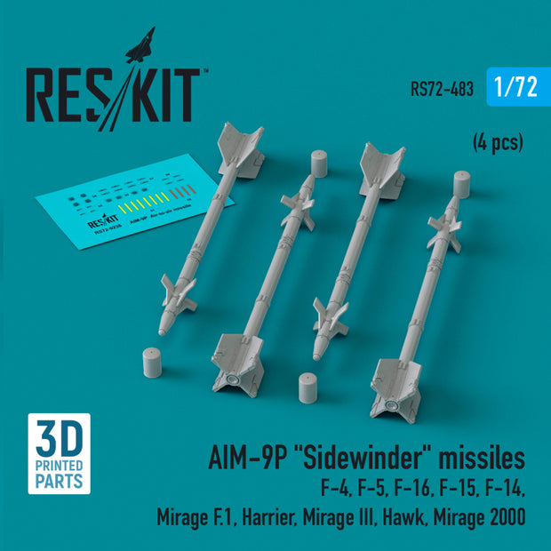 AIM-9P Sidewinder Missiles (4 pcs) (F-4, F-5, F-16, F-15, F-14, Mirage F.1, Harrier, Mirage III, Hawk, Mirage 2000) (3D Printed) Scale 1:72 ResKit RS72-0483