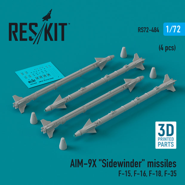 AIM-9X Sidewinder Missiles (4 pcs) (F-15, F-16, F-18, F-35) (3D Printed) Scale 1:72 ResKit RS72-0484