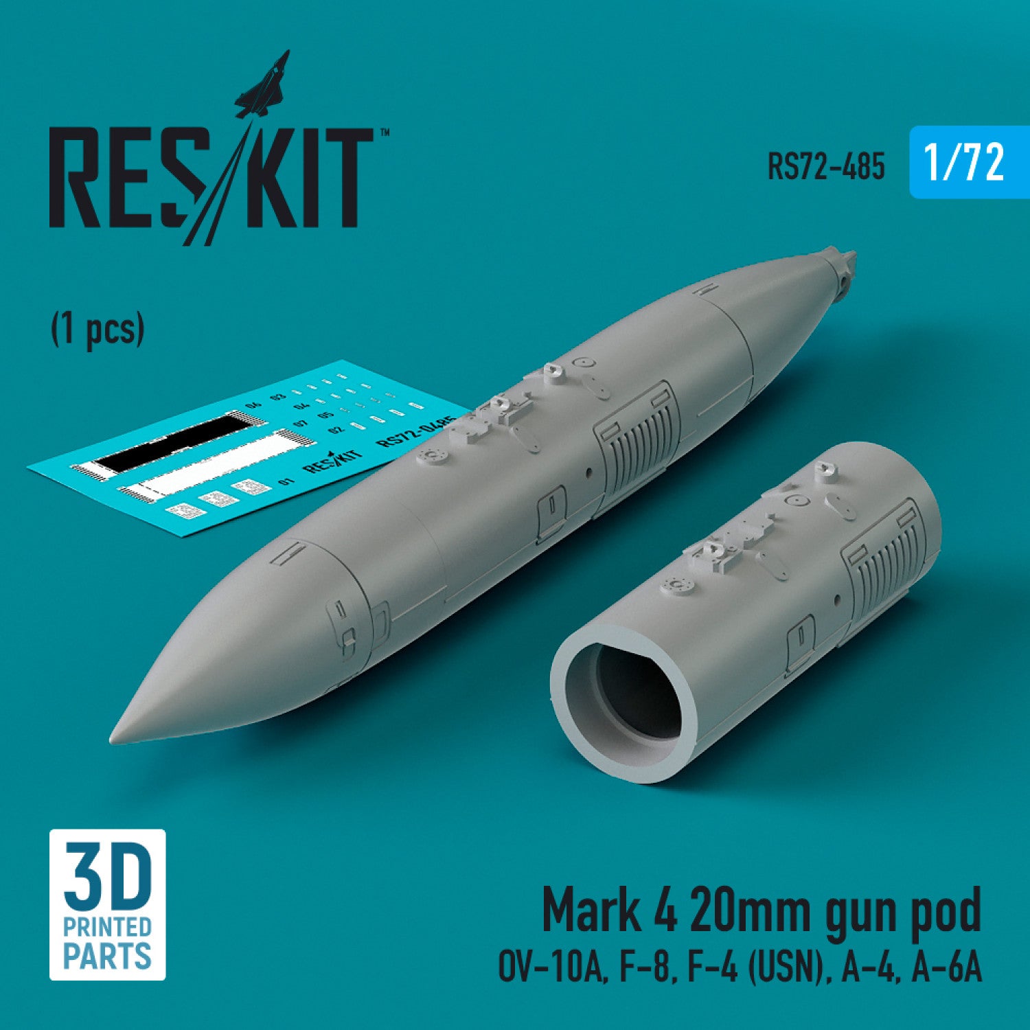 Mark 4 20mm gun pod (1 pcs) (OV-10A, F-8, F-4 (USN), A-4, A-6A) (3D Printed) Scale 1:72 ResKit RS72-0485