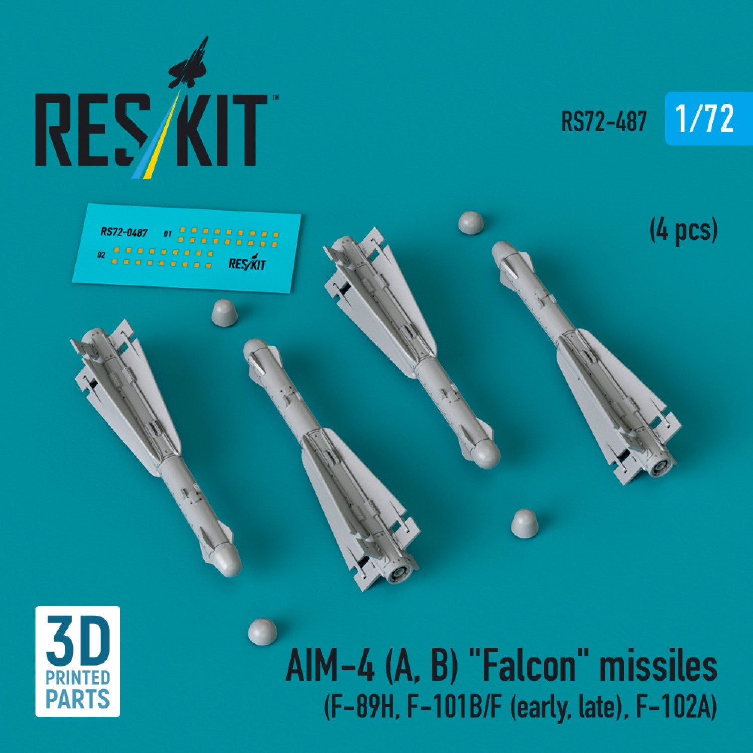 AIM-4 (A, B) Falcon Missiles (4 pcs) (F-89H, F-101B/F (early, late), F-102A) (3D Printed) Scale 1:72 ResKit RS72-0487
