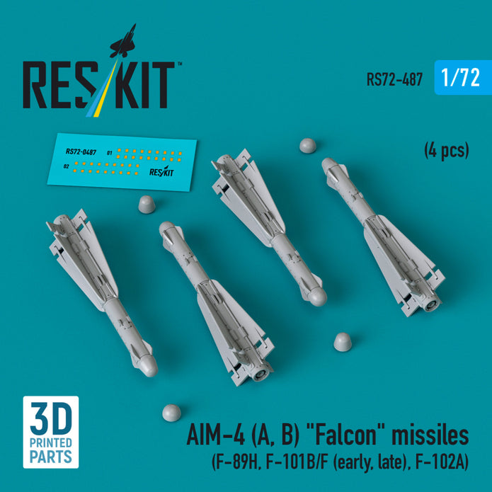 AIM-4 (A, B) Falcon Missiles (4 pcs) (F-89H, F-101B/F (early, late), F-102A) (3D Printed) Scale 1:72 ResKit RS72-0487