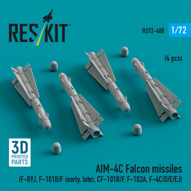 AIM-4C Falcon Missiles (F-89J, F-101B/F (early, late), CF-101B/F, F-102A, F-4C/D/E/EJ) (4 pcs) (3d Printed) Scale 1:72 ResKit RS72-0488